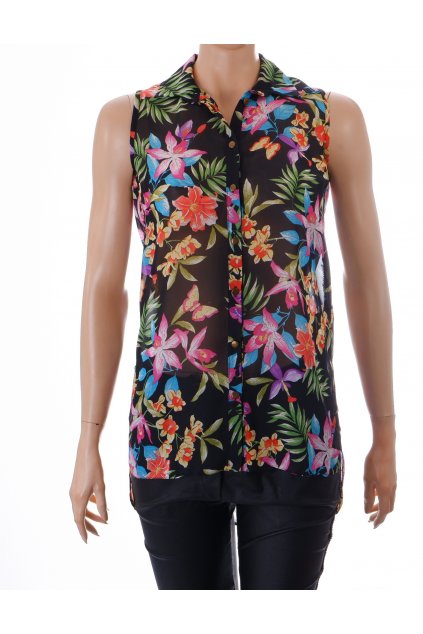 Halenka Atmosphere černá s barevnými exotickými květy propínací výstřih na zádech vel XS/S