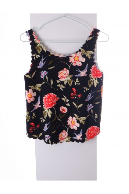 Halenka H&M černá s barevnými květy a ptáčky tílkový střih vel XS