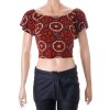 Tričko crop top Miss Selfridge hnědá s černo bílými ornamenty s volánkem vel S