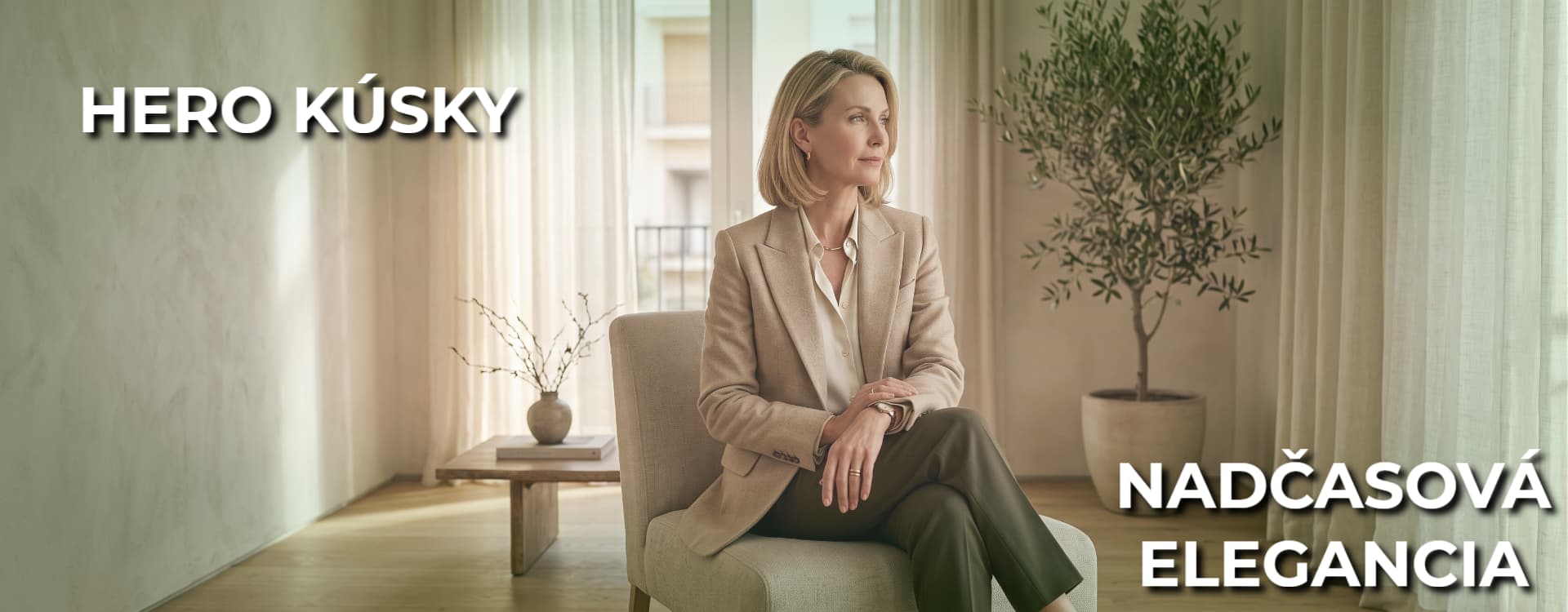 Banner Hero kúsky - Nadčasová elegancia. Elegantná žena v prémiovom béžovom saku sediaca v minimalistickom interiéri. Kurátorský výber luxusnej vintage a second-hand módy.