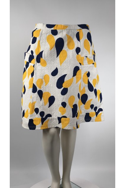 Dámska sukňa s farebným vzorom v žltej a tmavomodrej na bielom podklade