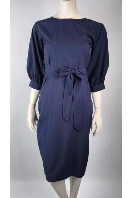 Elegantné modré šaty s balónovými rukávmi - pohľad zozadu