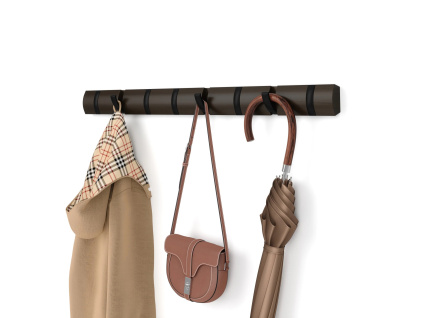 Dřevěný věšák na zeď Umbra Flip 8 s kovovými háčky | tmavě hnědý