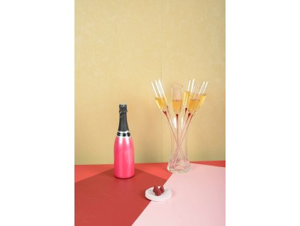 Poháre na šampanské s červenou stopkou a stojanom – súprava 6 kusov