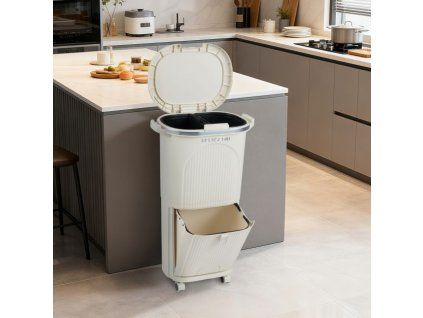 38L Kitchen Trash Can Sorting Garbage Bin with Lid 2 Detachable Buckets Beige 1