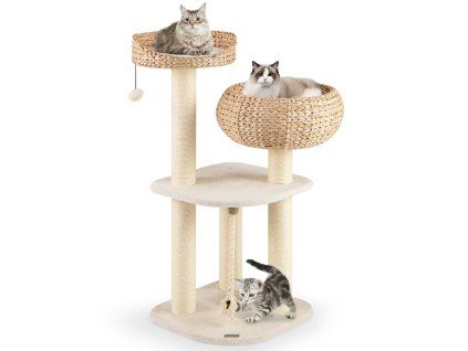 41 Inch Rattan Cat Tree with Napping Perch-White