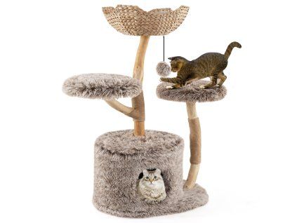 Multi-level Wood Cat Tree Tower Kitten Activity Center with Solid Trunk-Brown