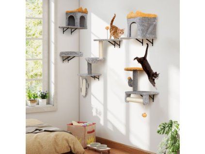 wall mounted cat tower set with 2 tier platform and 2 comfy cat condos 1