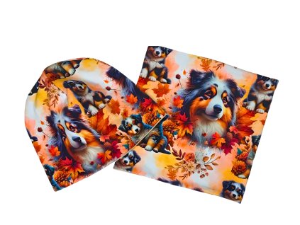 zimni podzimni cepice nakrcnik sala pes psi tlapky podzim australsky ovcak pro deti dospele zeny muze motiv psu pejsek pejskove pejsci listy (4)