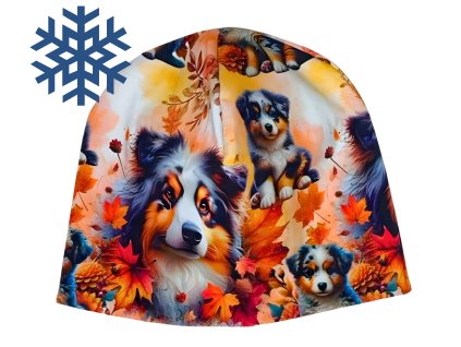 zimni podzimni cepice nakrcnik sala pes psi tlapky podzim australsky ovcak pro deti dospele zeny muze motiv psu pejsek pejskove pejsci listy (6)
