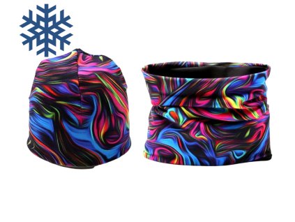 ZIMNÍ ČEPICE + NÁKRČNÍK - NEON EFEKT - fleecová černá podšívka