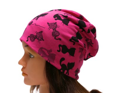 Čepice homeless (s přepadem) - KOČIČKY NA RŮŽOVÉ - bavlněná černá podšívka