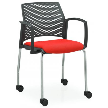 konferenčná stolička na kolieskach, čierne podrúčky, čierne plastové operadlo, čalúnené sedadlo, 4 nohá podnož s kolieskami REWIND 2102 043, RIM