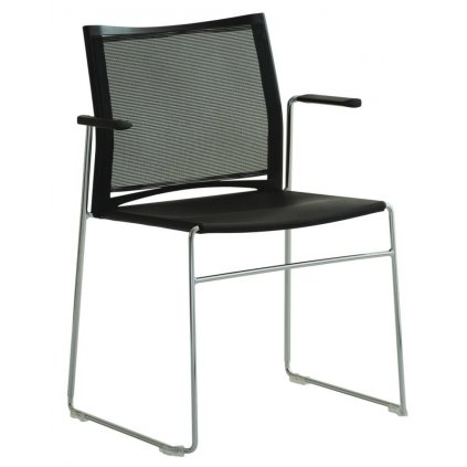 konferenčná stolička s podrúčkami,plastové sedadlo a čierne sieťované operadlo,kovová podnož,WB 950.110, RIM,plastová stolička
