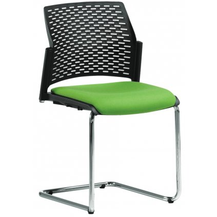 konferenčná stolička s čalúneným sedákom a čiernym dierovaným plastovým operadlom, chrómová perova podnož, REWIND RW 2107, RIM spredu