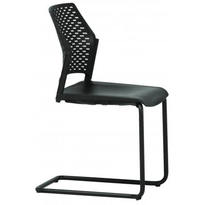 plastová konferenčná stolička s dierovanou plastovou opierkou na perovom kovovom ráme, čierna farba, REWIND RW 2106, RIM