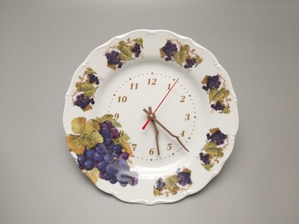 Porcelánové hodiny talíř dřevěné ručičky Hrozno