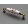 Porcelánová úchytka, úchytka s porcelánem, keramická úchytka 128mm bílá s dekorací Barevná kytice 15136K12874.09 staromosaz II.