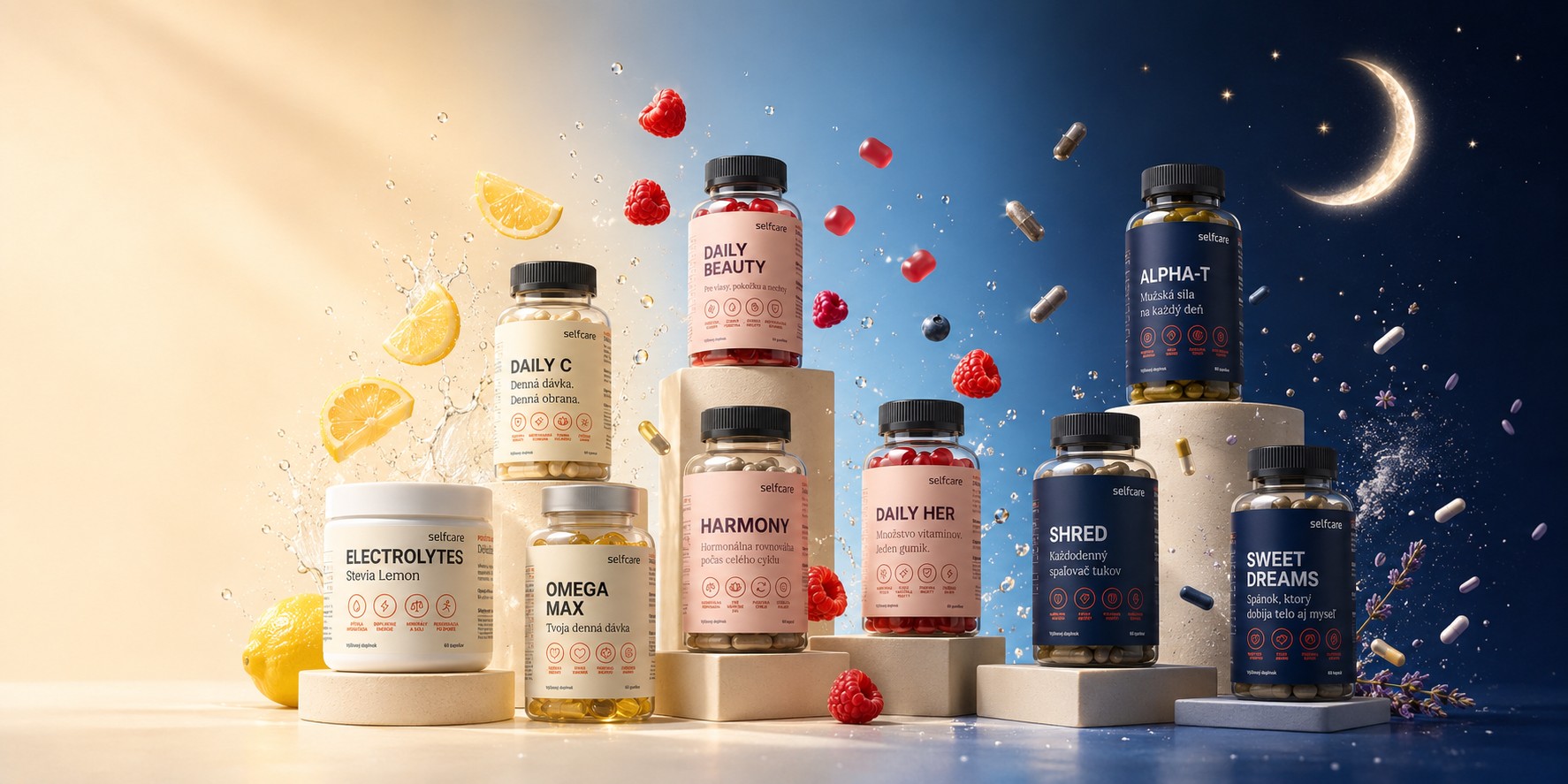 Produkty selfcare rozostavané od rána do večera — jedna značka na celý deň