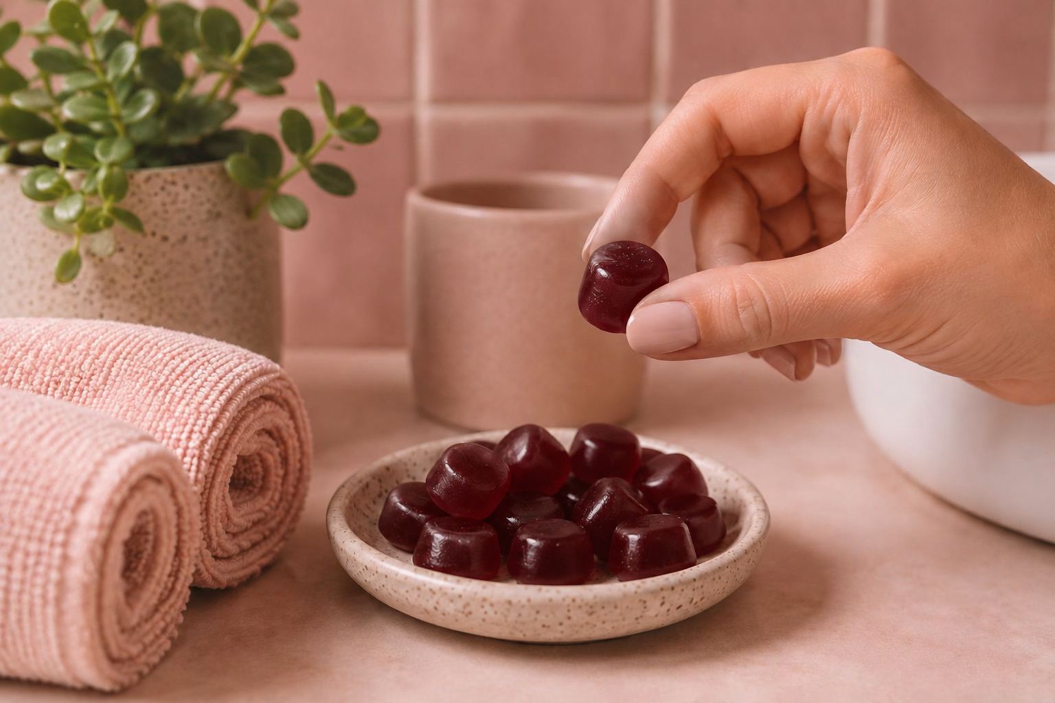 Tmavočervené malinové gumíky DAILY BEAUTY z misky na poličke v kúpeľni — jednoduchá denná rutina