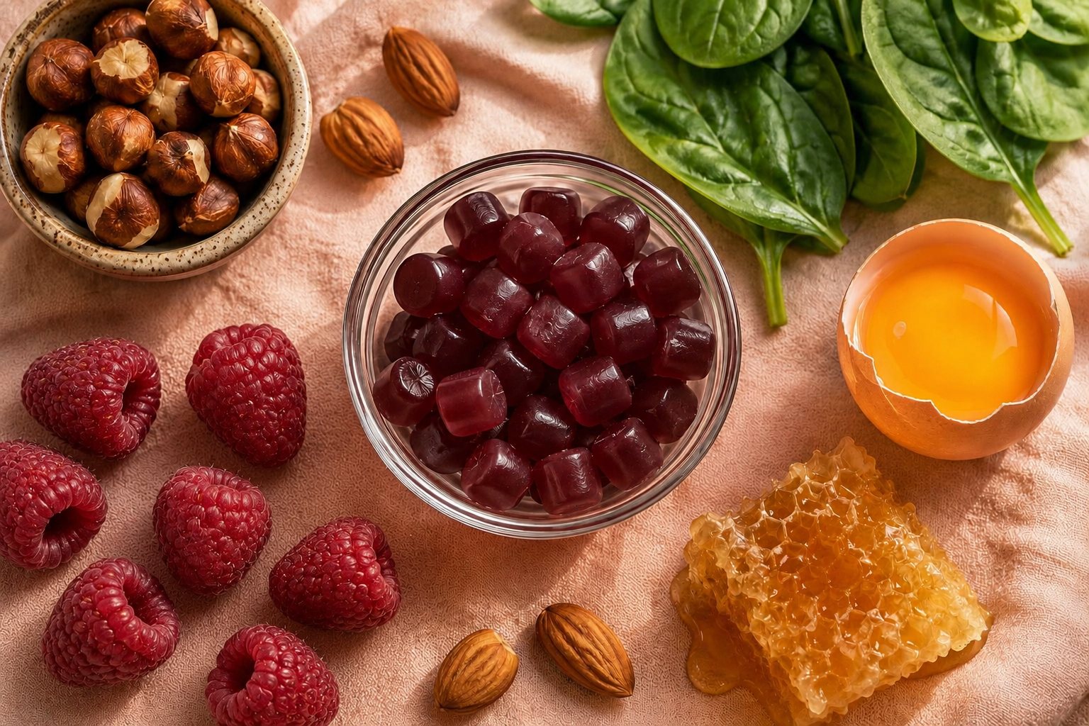 Živiny DAILY BEAUTY v prirodzenej podobe — orechy, mandle, vajce, špenát, med a maliny okolo misky gumíkov DAILY BEAUTY