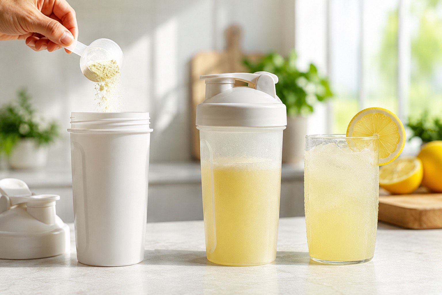 Príprava nápoja ELECTROLYTES — odmerka prášku, šejker a hotový citrónový nápoj