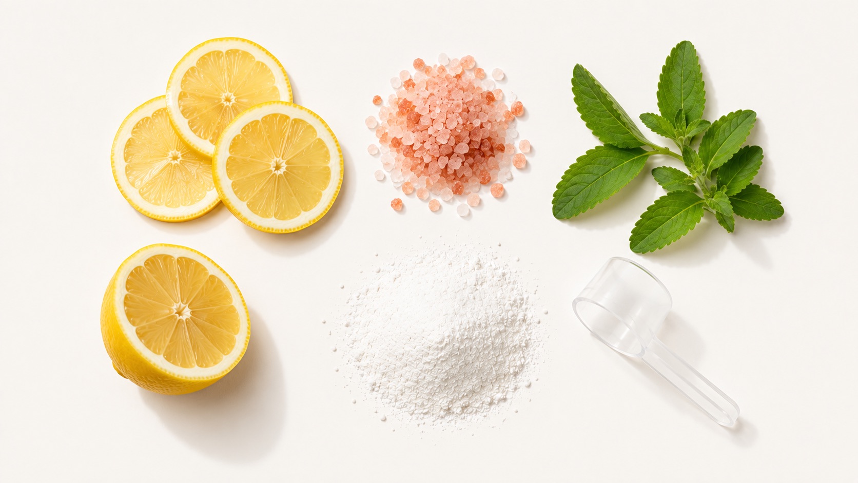 ELECTROLYTES Stevia Lemon — prášok, odmerka a pripravený citrónový nápoj