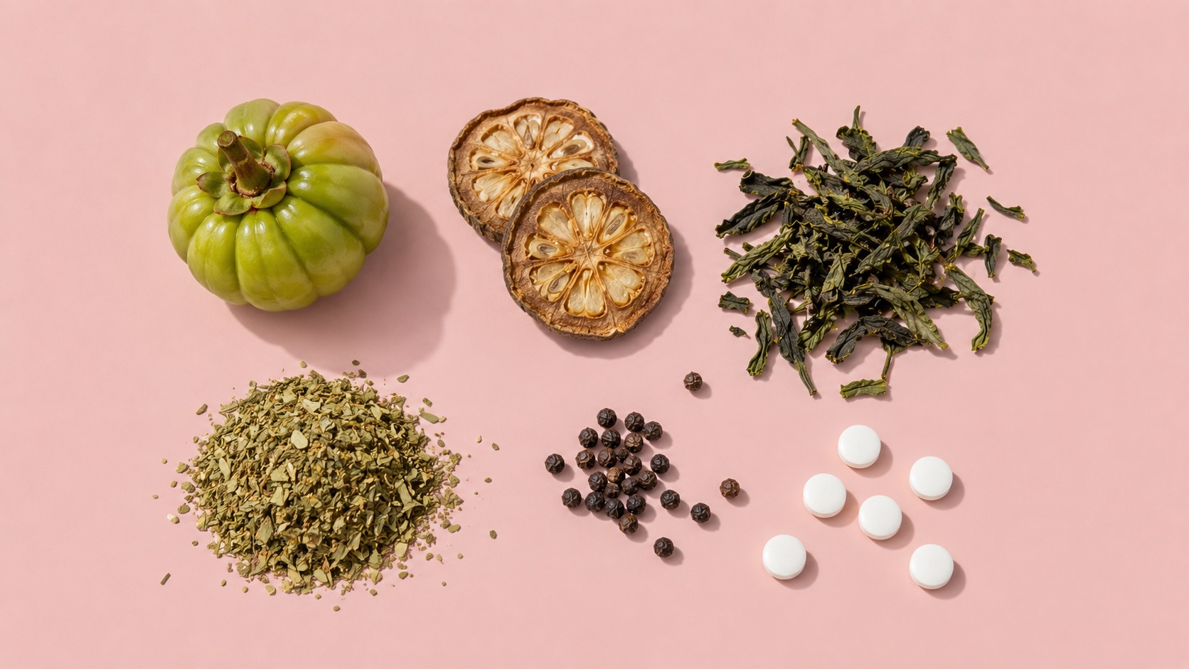Suroviny LEAN IN — garcínia, zelený čaj, yerba maté a čierne korenie