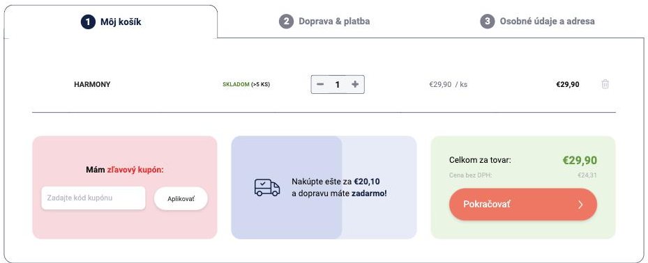 Nákupný košík selfcare.sk s políčkom na zľavový kupón a informáciou o doprave zadarmo