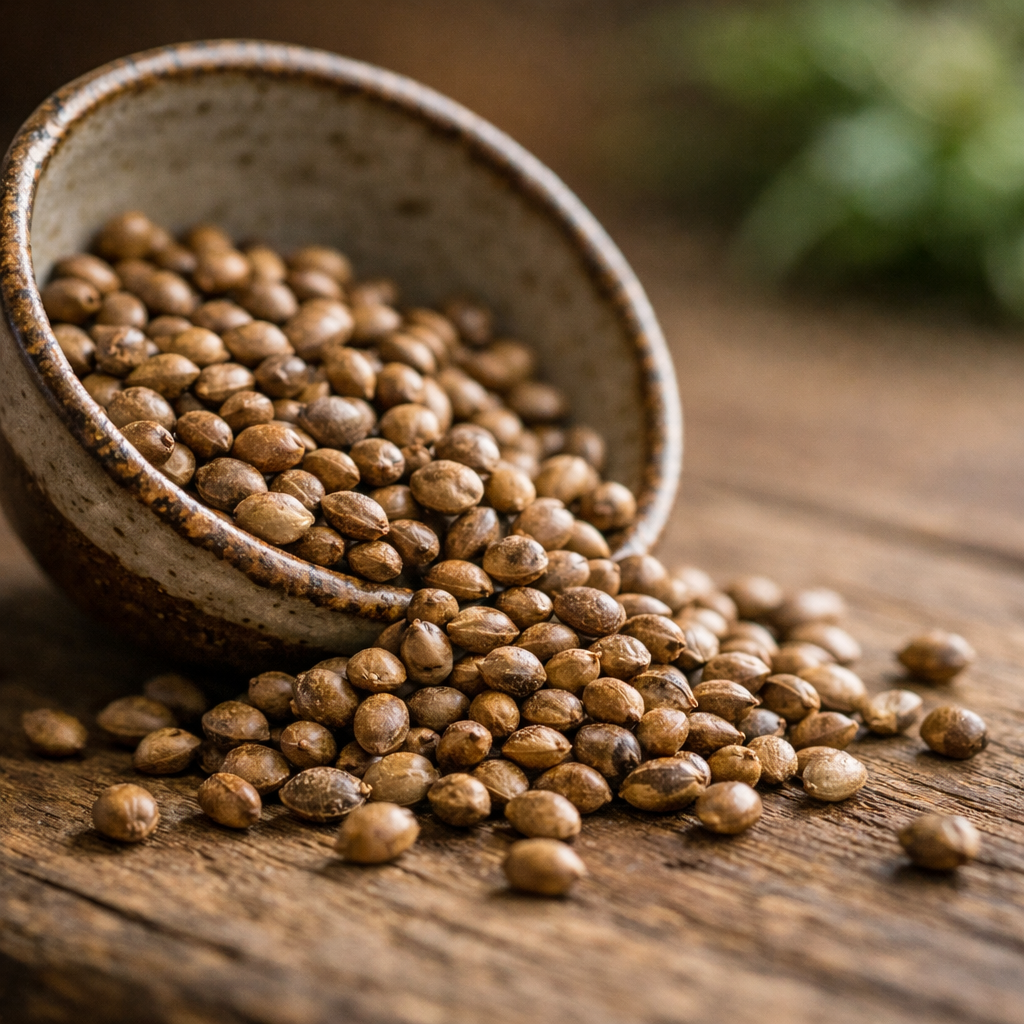 Přírodní fotografie konopných semen v miskovitém hrnku