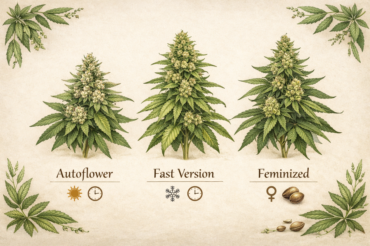 Botanická ilustrace tří typů konopí – autoflower, fast version a feminizovaná