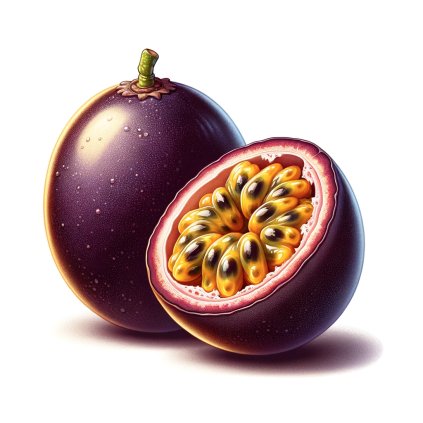 DALL·E 2024 12 21 13.19.26 A detailed illustration of ripe passion fruit (passiflora edulis) with no background. One fruit is whole, sh