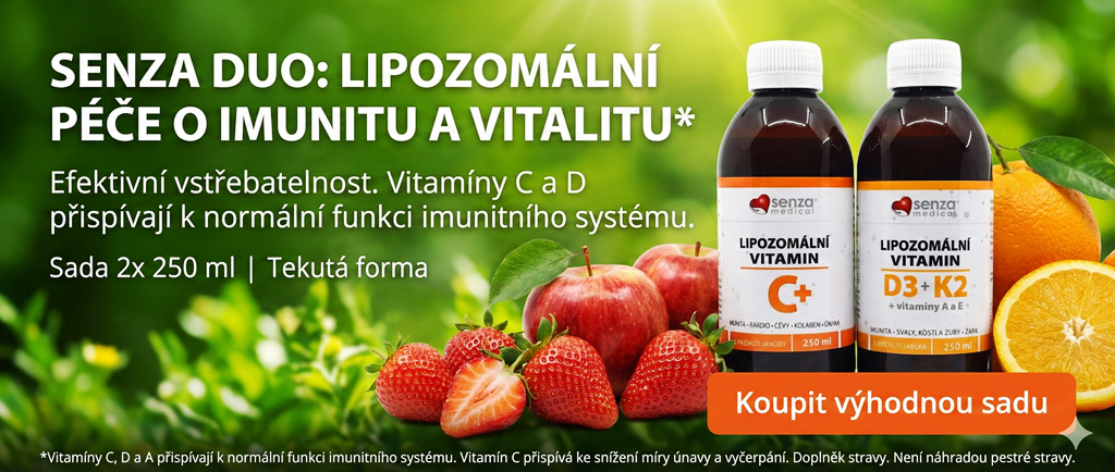 Reklamní banner na sadu Senza Duo obsahující lipozomální vitamín C a vitamín D3+K2 s vitamíny A a E. Text zdůrazňuje vysokou vstřebatelnost a podporu imunity. Ve spodní části je povinný dovětek, že jde o doplňky stravy podporující normální funkci imunitní