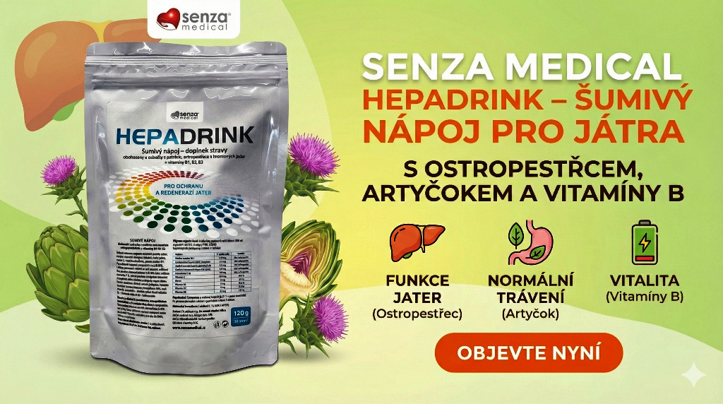 Reklamní banner na SENZA HepaDrink pro ochranu a regeneraci jater. Obsahuje ostropestřec, artyčok a resveratrol pro normální trávení a funkci jater.