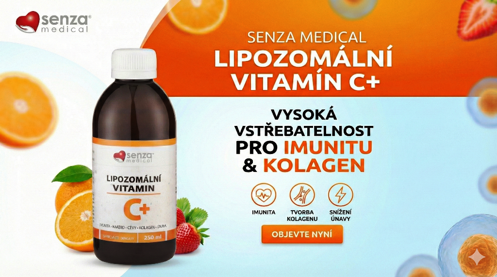 Reklamní banner Senza Medical na Lipozomální Vitamín C+. Grafika zdůrazňuje vysokou vstřebatelnost a benefity: Imunita, Tvorba kolagenu a Snížení únavy.
