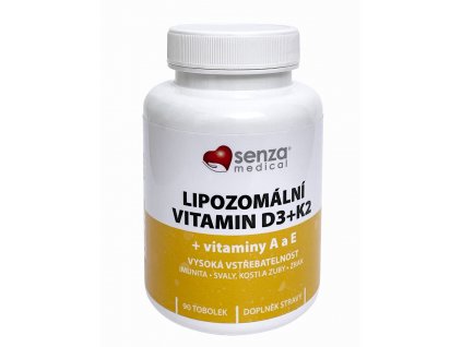Balení SENZA Lipozomální vitamíny D3 + K2 + A + E 90 tobolek pro podporu imunity.