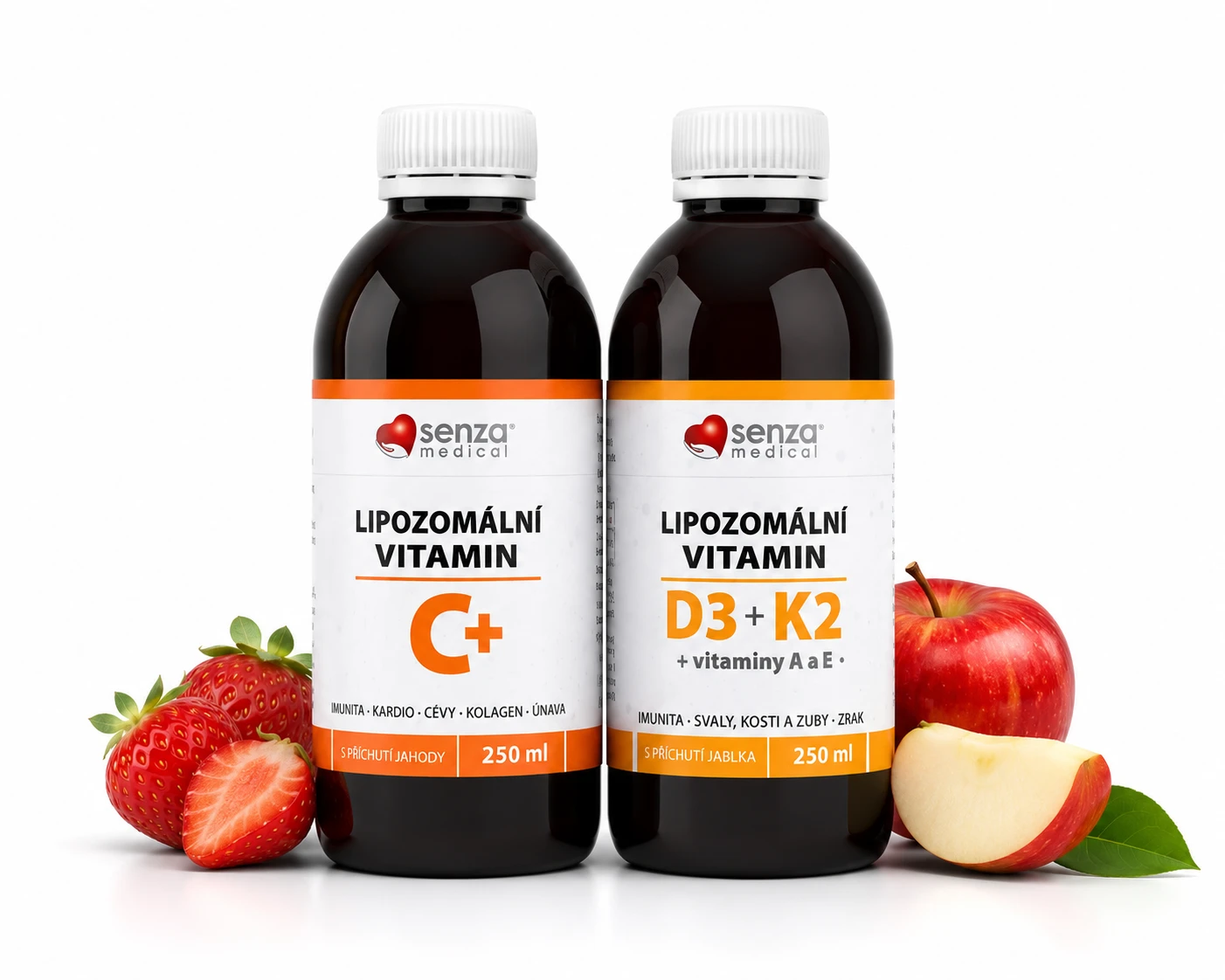 SENZA Lipozomální vitamín C + D3 K2 A E tekutý — výhodná sada 2×250 ml