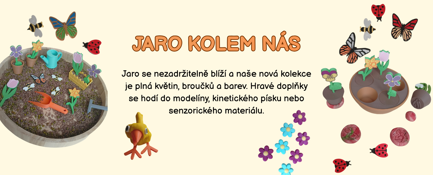 Jarní kolekce hravých doplňků do modelíny, kinetického písku či senzorického materiálu. Kytičky, broučci a barvy, to je jaro.