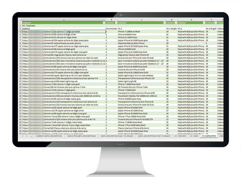 Ukázka duplicitních nadpisů H1 v on-page analýze