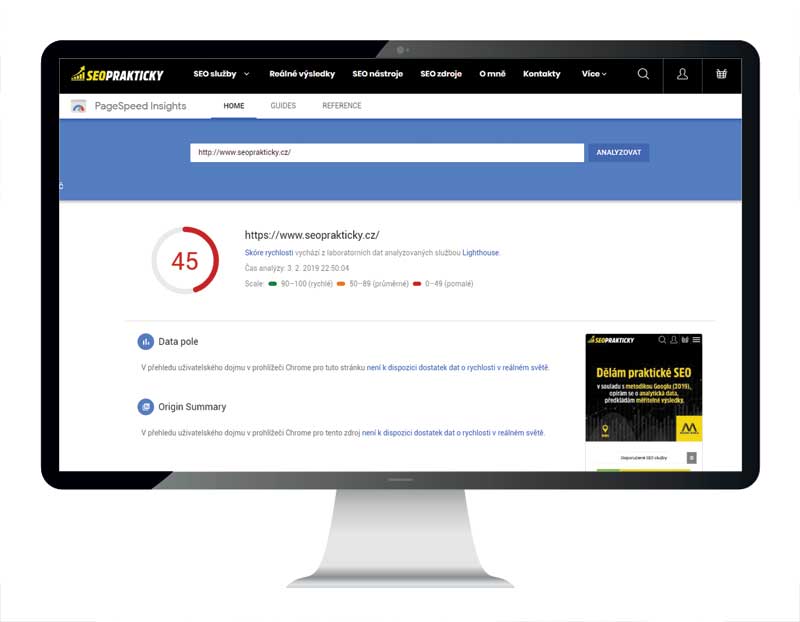 Rychlost načítání stránky můžete zjistit pomocí nástroje Google Page Speed Insights.