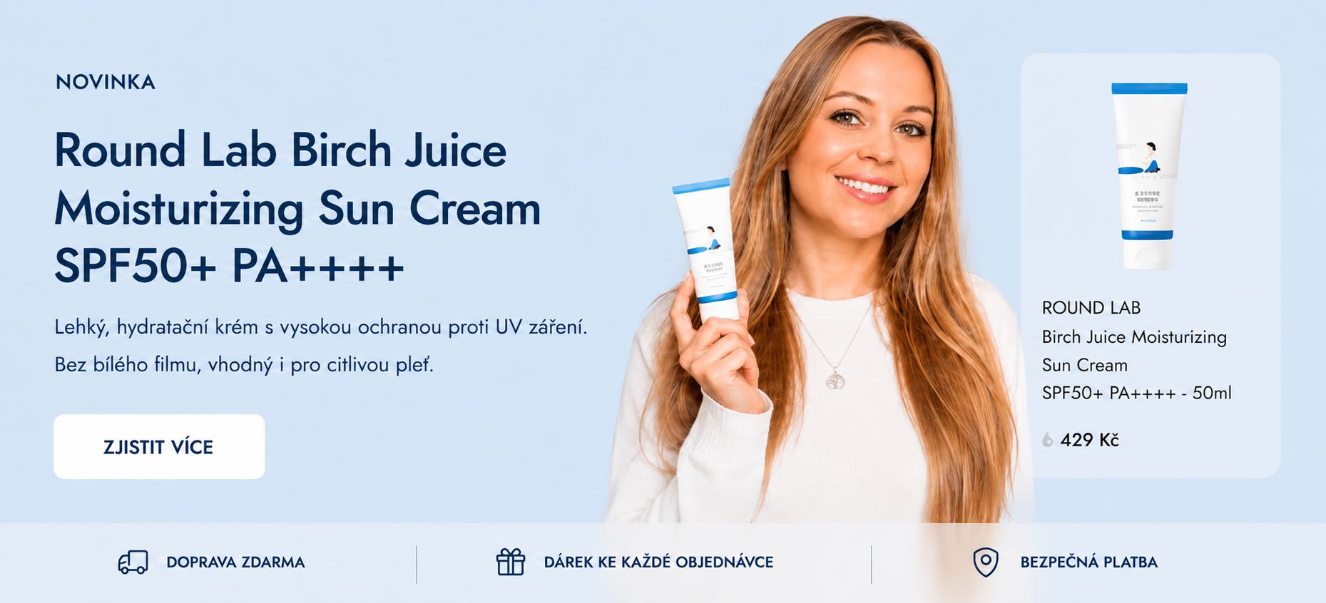 Lehká korejská ochrana SPF50+ PA++++ s březovou mízou a kyselinou hyaluronovou. Hydratuje, nelepí a nezanechává bílý film — ideální i pro citlivou pleť. 429 Kč