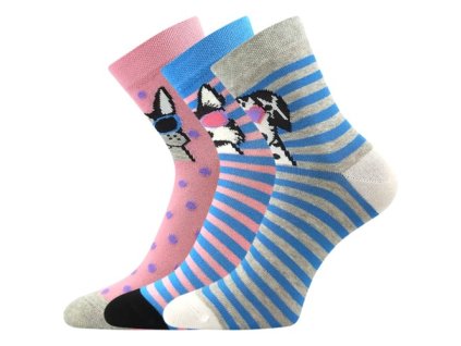 Ponožky dívčí LEY obrázkové MIX A s pejsky (3 páry) (Velikost 20-24 (14-16), Barva mix B)