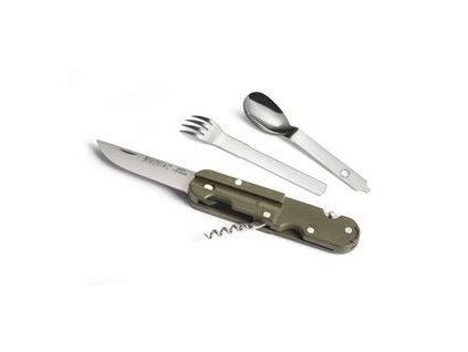 BIVOUAC CAMP KNIFE ARMY GREEN HANDLE - TEXTILE POUCH - FORK and SPOON (Velikost UNI)