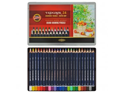 Sada pastelek trojhranných Triocolor lakovaných, 24 barev, kovová kazeta