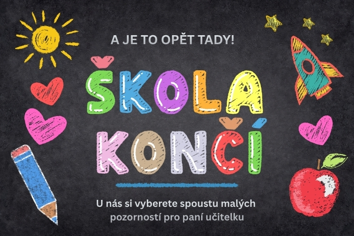 Hravý chalkboard banner k ukončení školního roku s dětskými ilustracemi