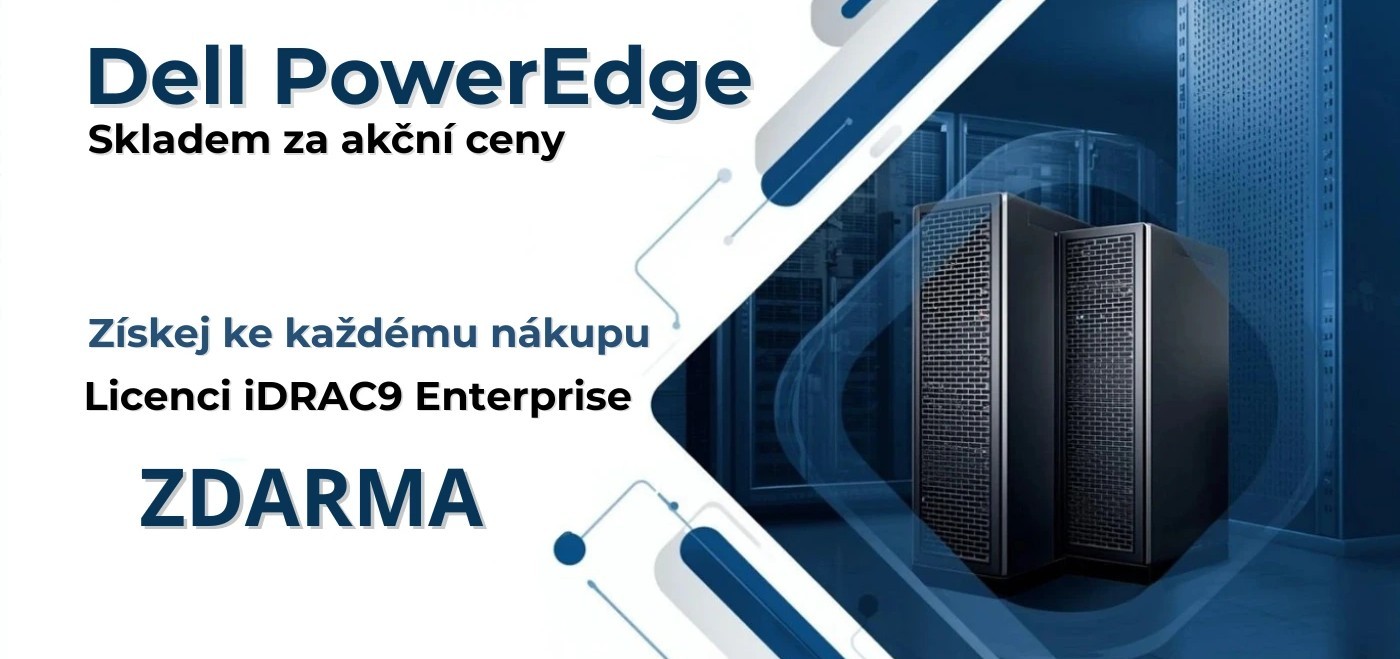 Reklamní banner DELL PowerEdge servery – skladem k okamžitému odeslání, prodloužená záruka až 3 roky a možnost individuální konfigurace. Tlačítko s výzvou: Vyberte si svůj server.