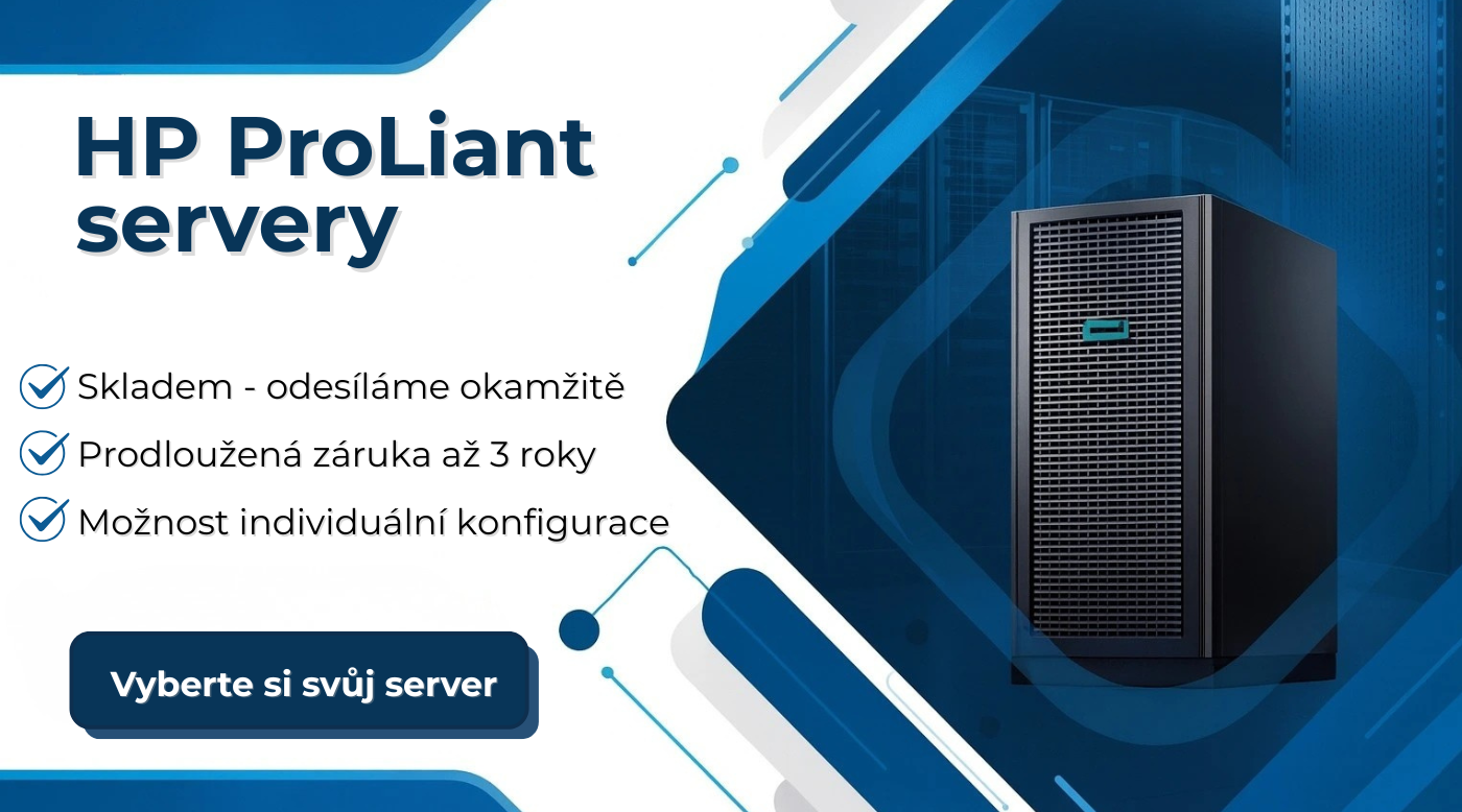 Reklamní banner HP ProLiant servery – skladem k okamžitému odeslání, prodloužená záruka až 3 roky a možnost individuální konfigurace. Tlačítko s výzvou: Vyberte si svůj server.