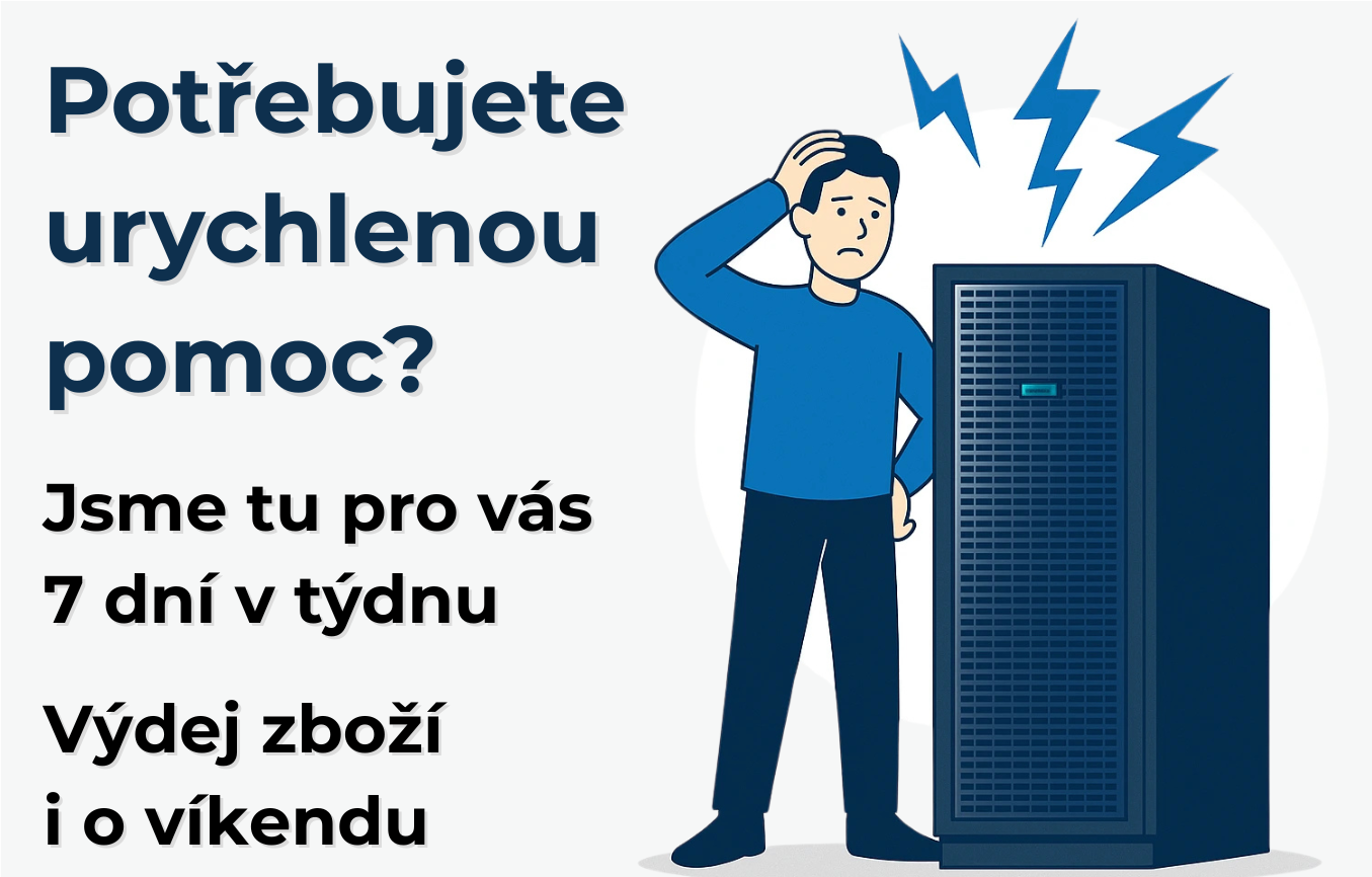 Ilustrace muže u počítače s porouchaným serverem, text: Potřebujete urychlenou pomoc? Jsme tu pro vás 7 dní v týdnu. Výdej zboží i o víkendu.