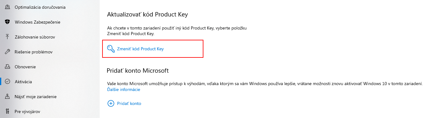 Windows 10 – dialog Změnit kód Product Key, pole pro 25znakový klíč