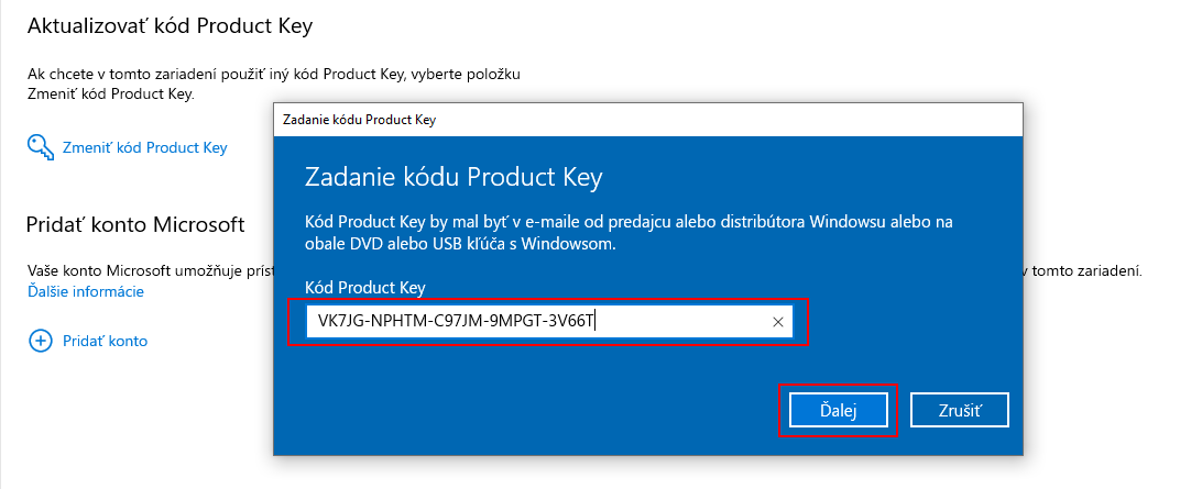 Windows 10 – zadaný generický klíč VK7JG-NPHTM, potvrzení připravenosti na upgrade na Pro